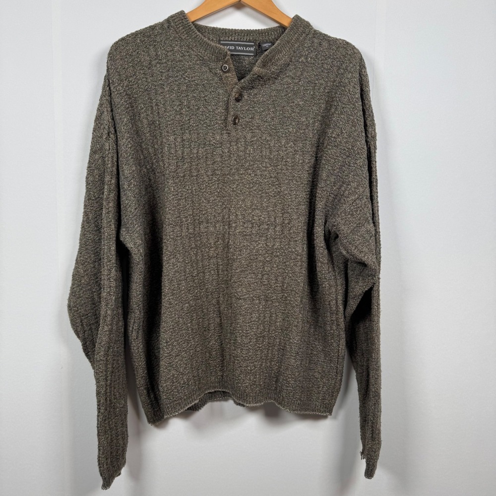 VTG DAVID TAYLOR Men XL Textured Henley Brown Sweater Granola Grunge USA Preppy